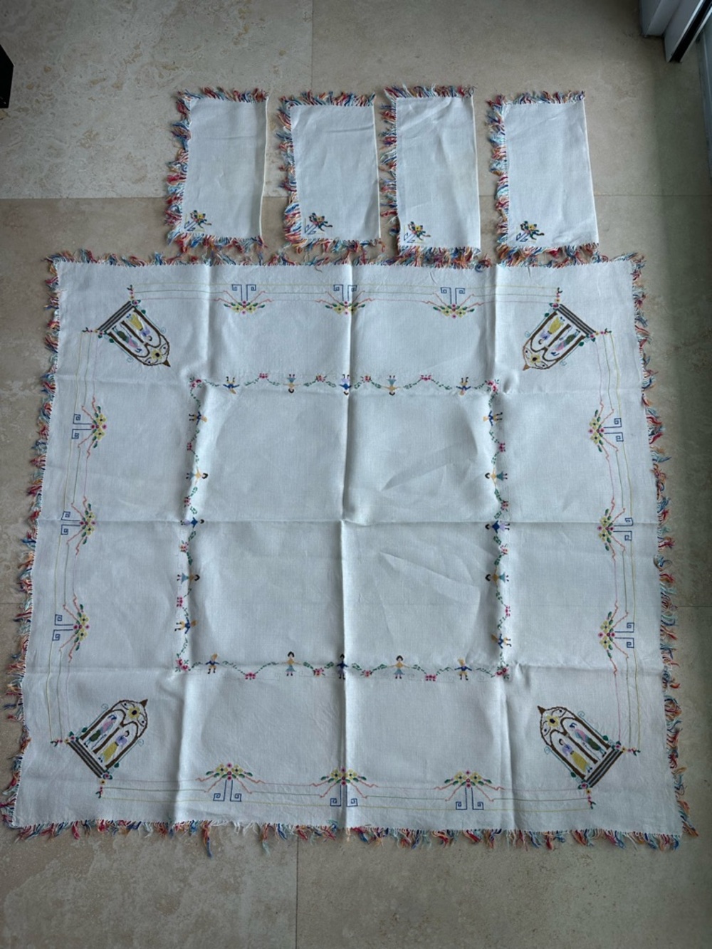 Vintage Hand-Embroidered White Tablecloth and Napkins with Multicolor Fringe